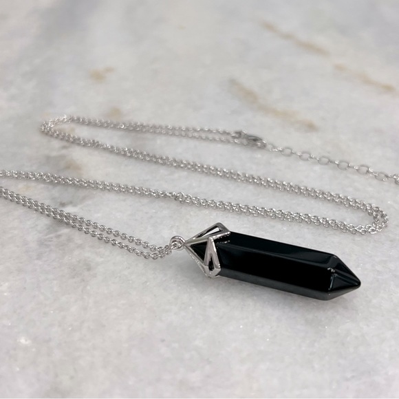 Black Agate Silvertone Crystal Point Pendant Necklace - Picture 6 of 9